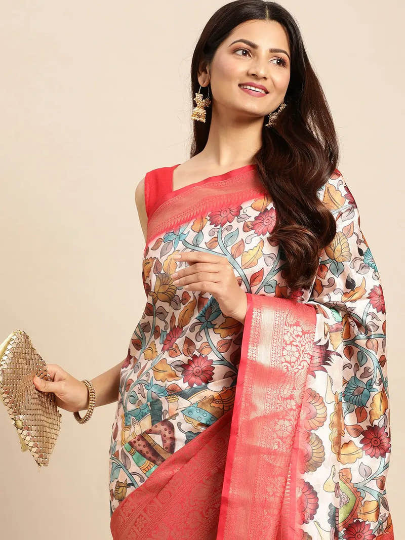 Cream Multicolour Kalamkari Banarasi Saree