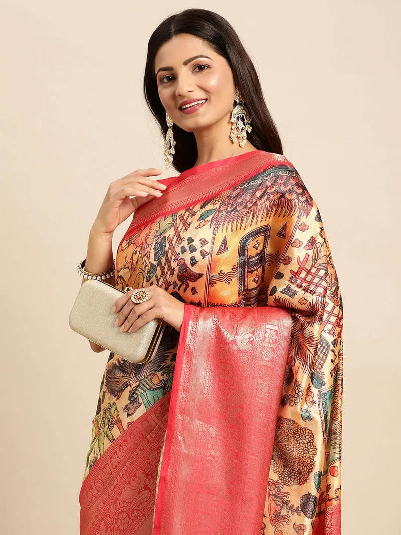 Rust Brown Kalamkari Pattu Banarasi Saree