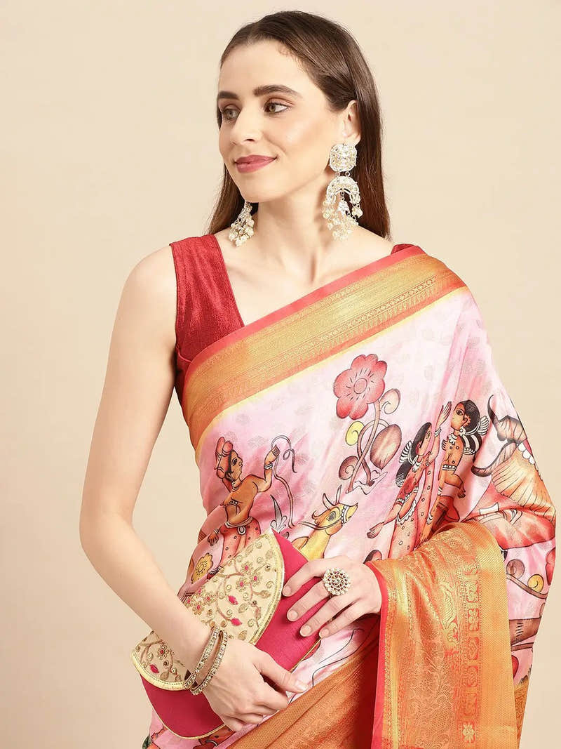Blush Coral Kalamkari Banarasi Saree