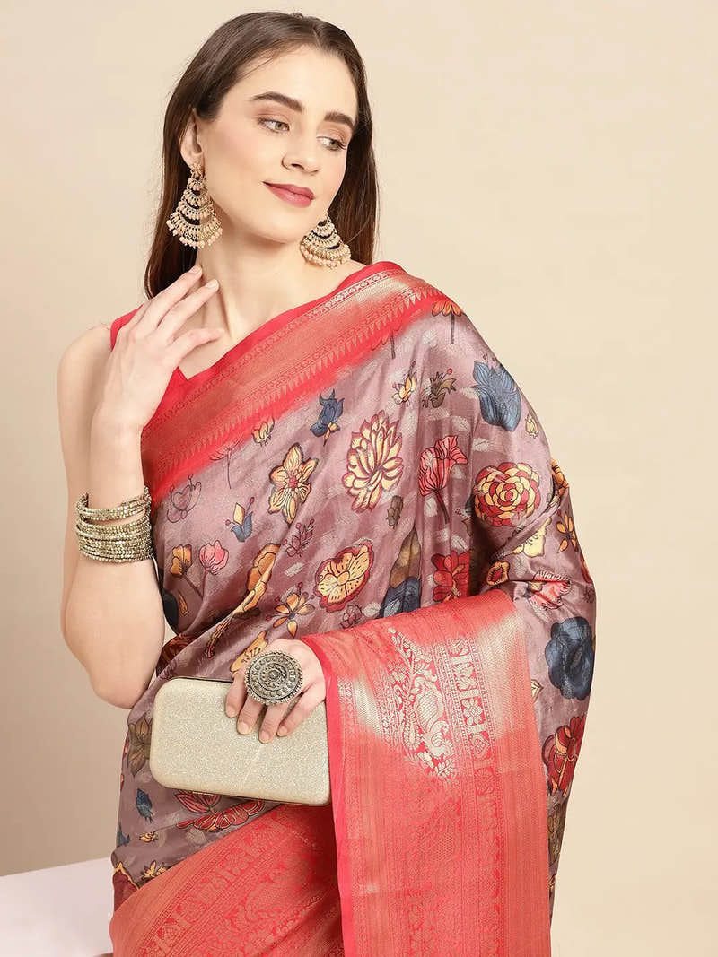 Lilac Grey Kalamkari Pattu Banarasi Saree