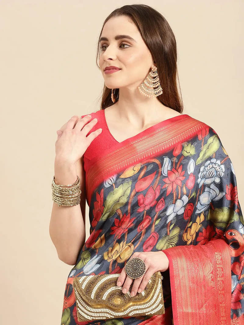 Charcoal Bold Floral Kalamkari Banarasi Saree