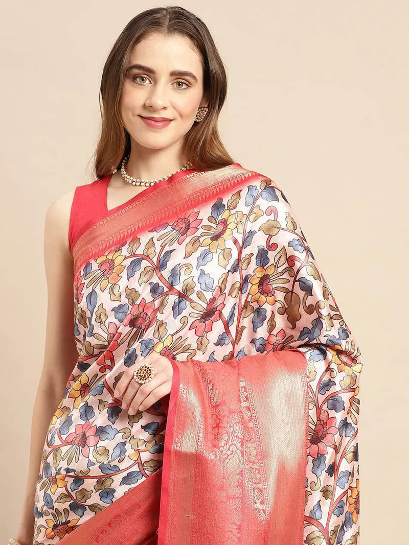 Ivory Muted Floral Kalamkari Banarasi Saree