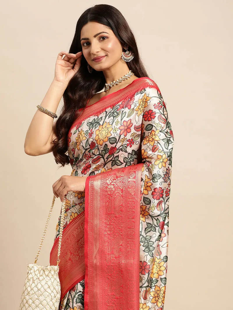 Ivory All Over Floral Kalamkari Banarasi Saree