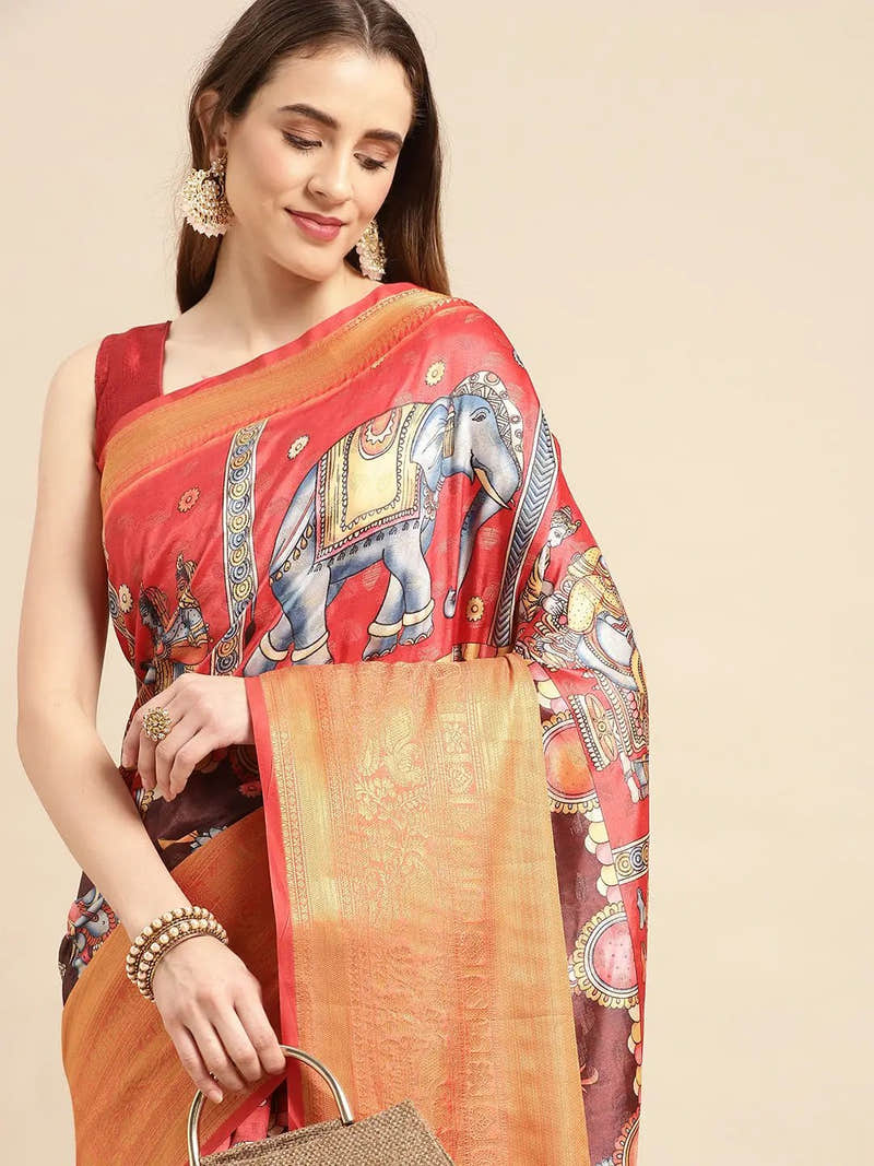 Grey Gold Kalamkari Pattu Banarasi Saree