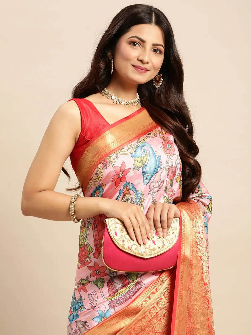 Ivory Orange Border Kalamkari Banarasi Saree