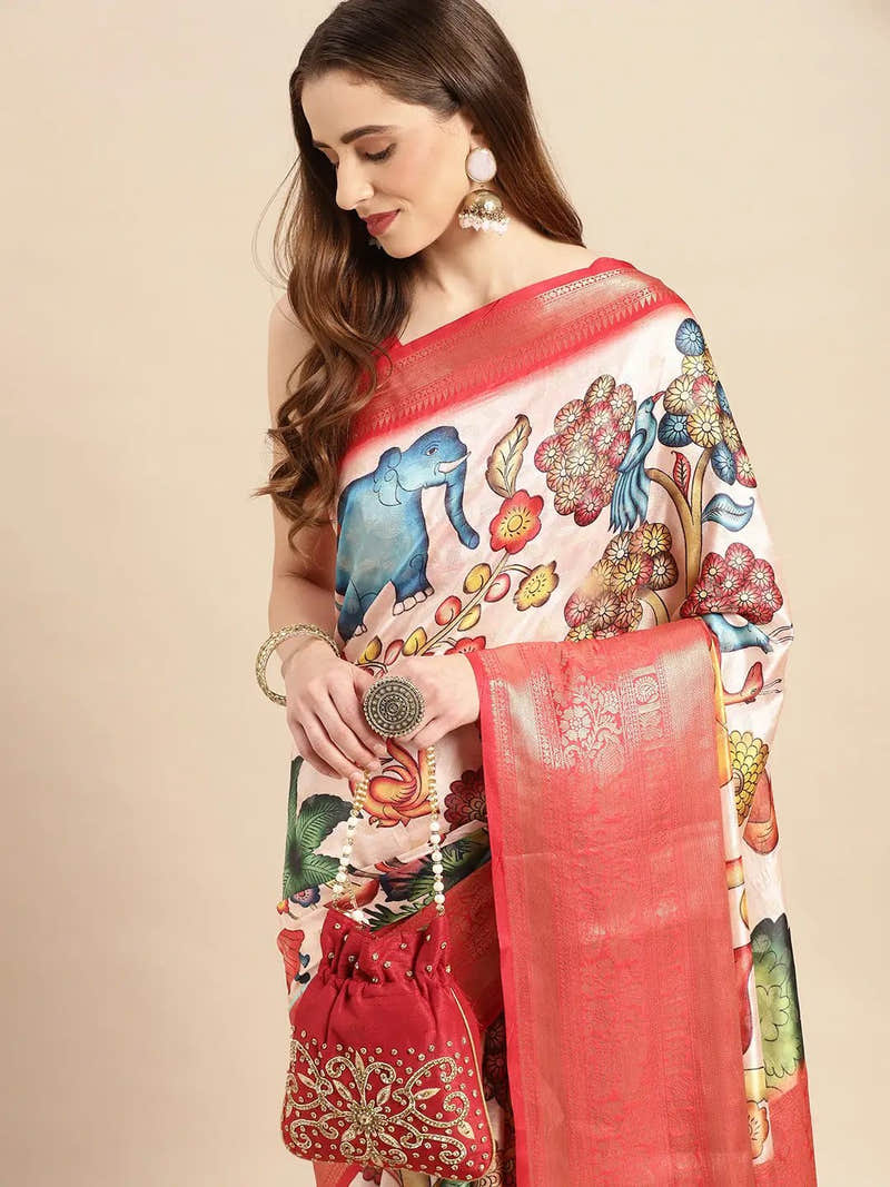Ivory Elephant Kalamkari Banarasi Saree