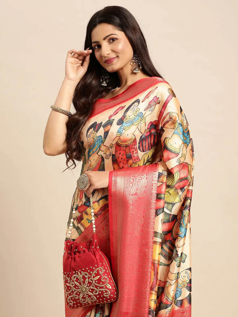 Cream Bird Motif Kalamkari Banarasi Saree