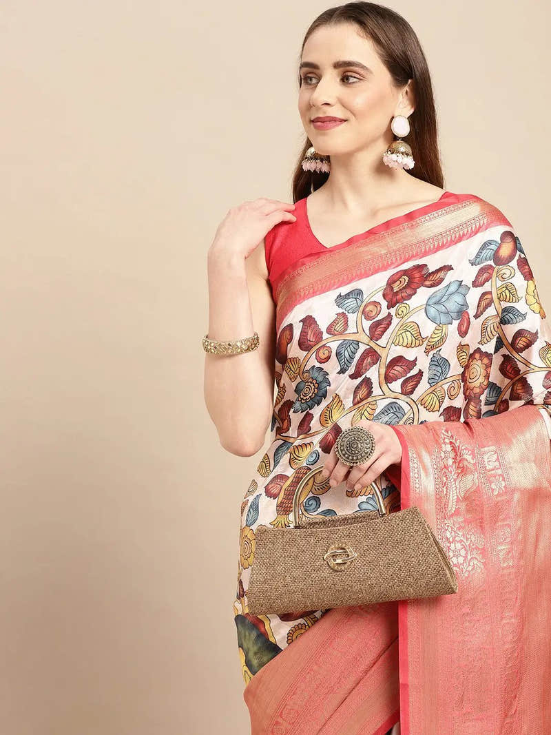 Ivory Dense Print Kalamkari Banarasi Saree