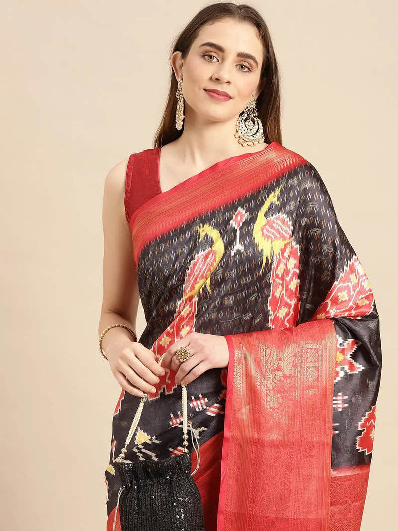 Black Peacock Kalamkari Banarasi Saree
