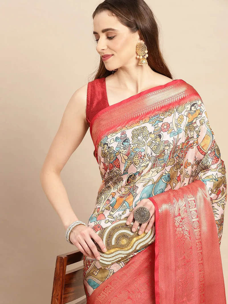 Kalamkari Zari Silk Blend Banarasi Saree in Peach Colour