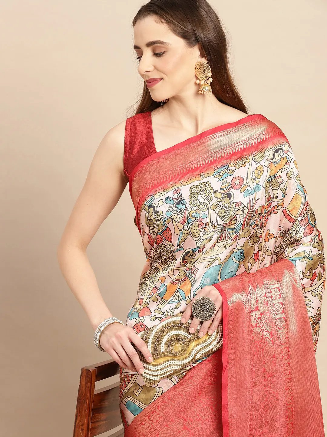  Peach Kalamkari Zari Silk Blend Banarasi Saree