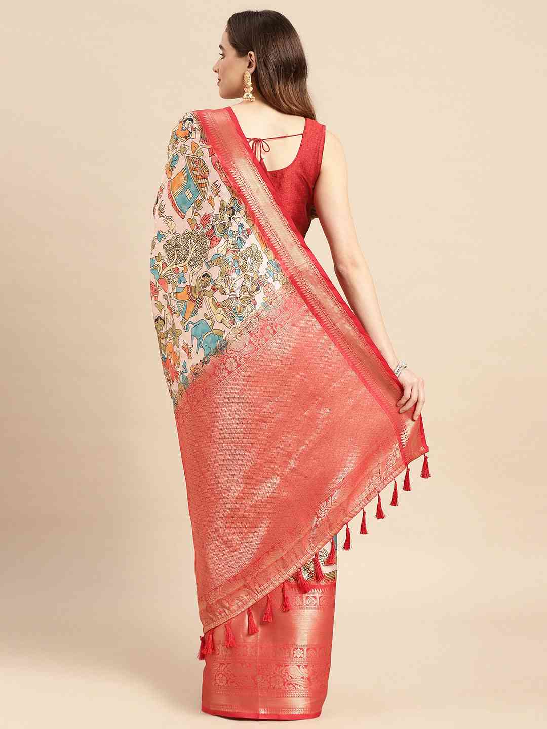  Peach Kalamkari Zari Silk Blend Banarasi Saree