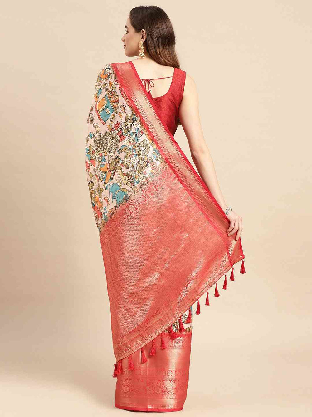  Peach Kalamkari Zari Silk Blend Banarasi Saree