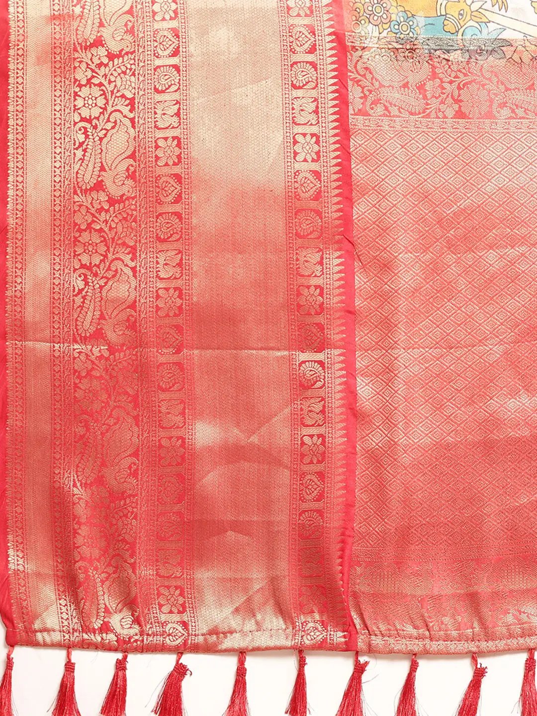  Peach Kalamkari Zari Silk Blend Banarasi Saree