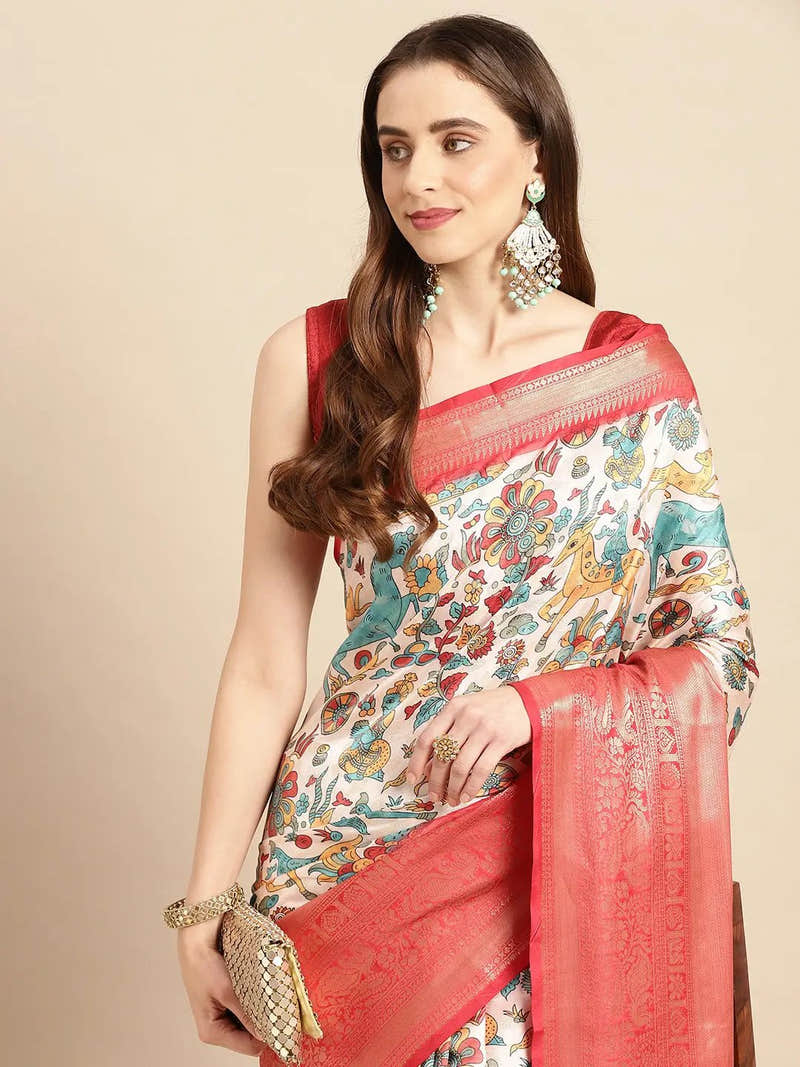 Ivory Aqua Kalamkari Pattu Banarasi Saree