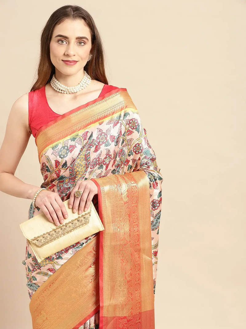 Peach Gold Kalamkari Pattu Banarasi Saree