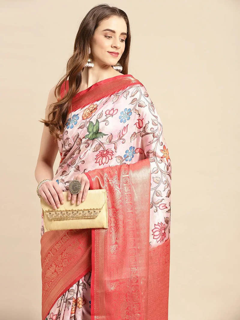 Ivory Pale Floral Kalamkari Banarasi Saree