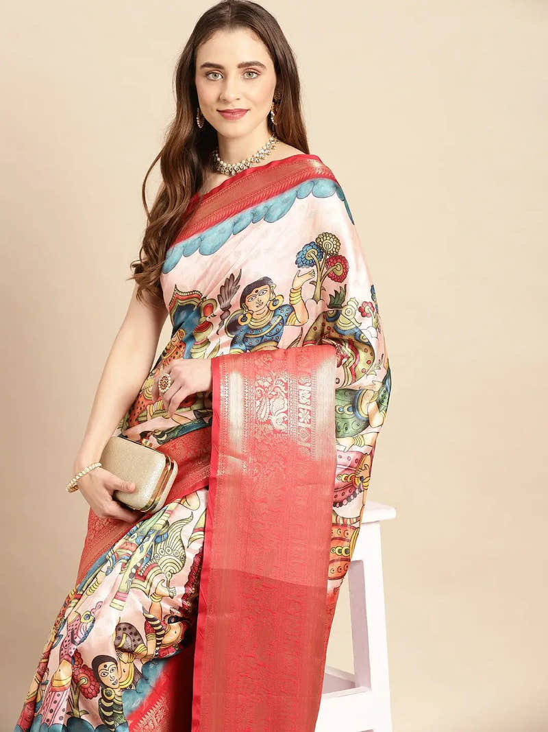 Ivory Rust Kalamkari Pattu Banarasi Saree