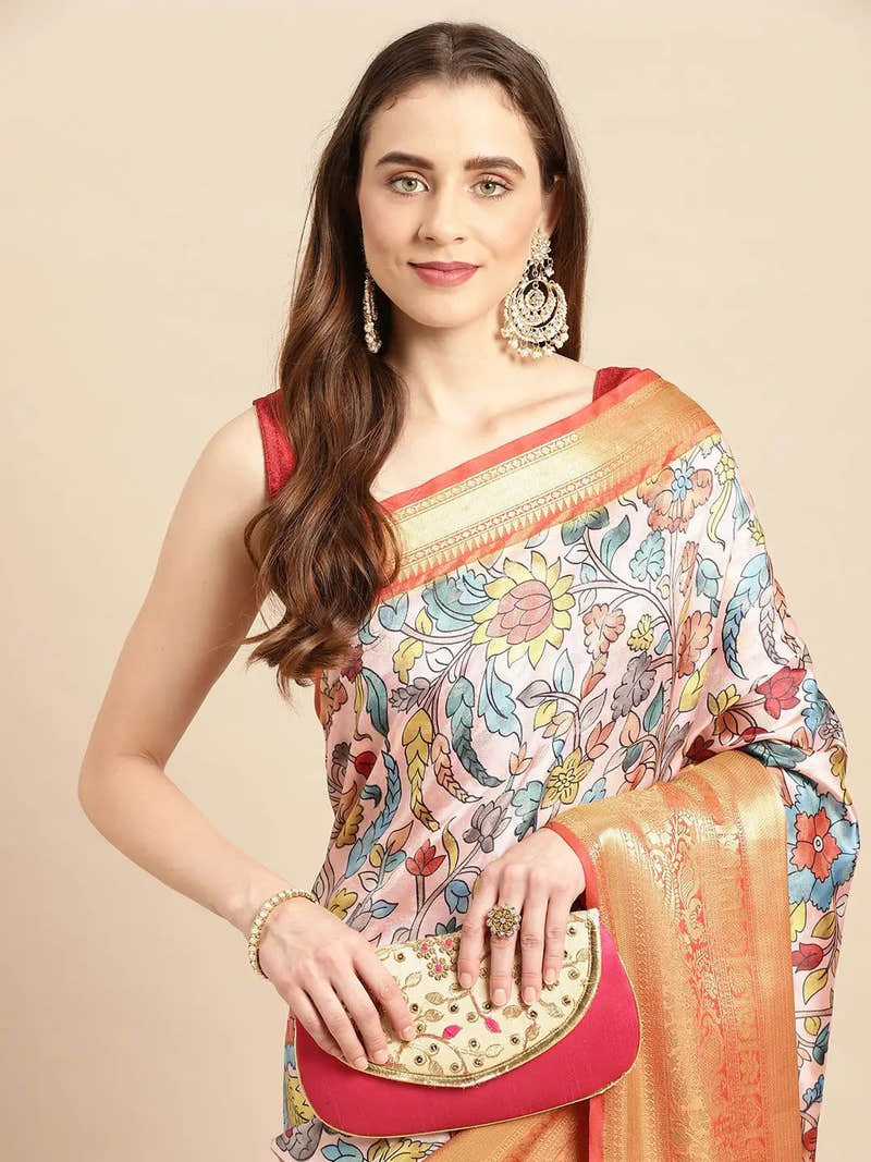 Ivory Kalamkari Pattu Banarasi Silk Saree