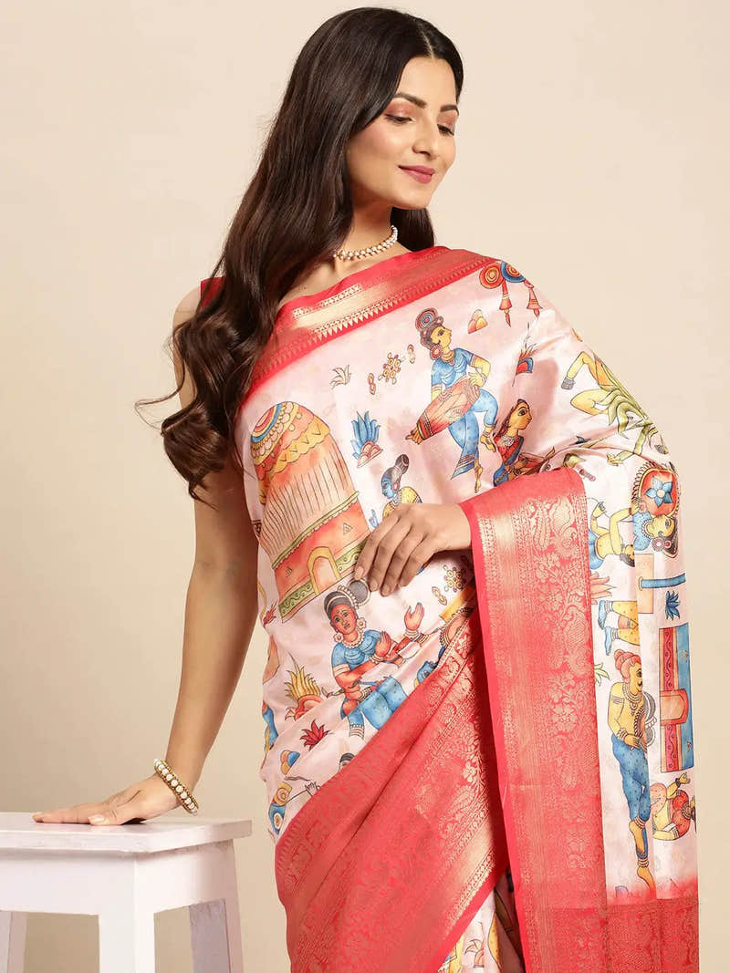 Ivory Figurative Kalamkari Banarasi Saree