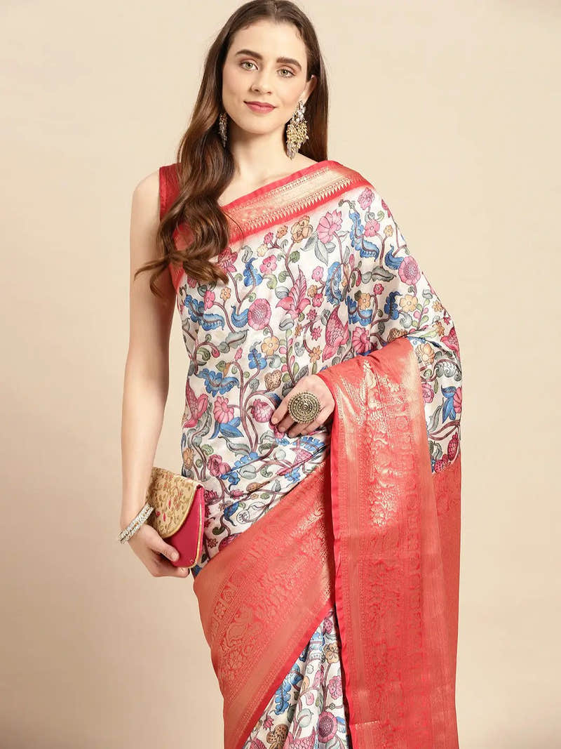 Ivory Blue Floral Kalamkari Banarasi Saree