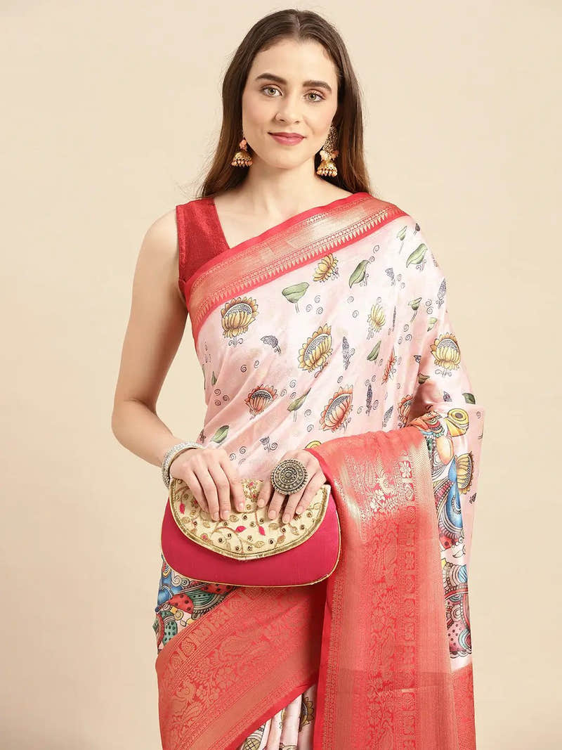 White Pastel Kalamkari Banarasi Saree