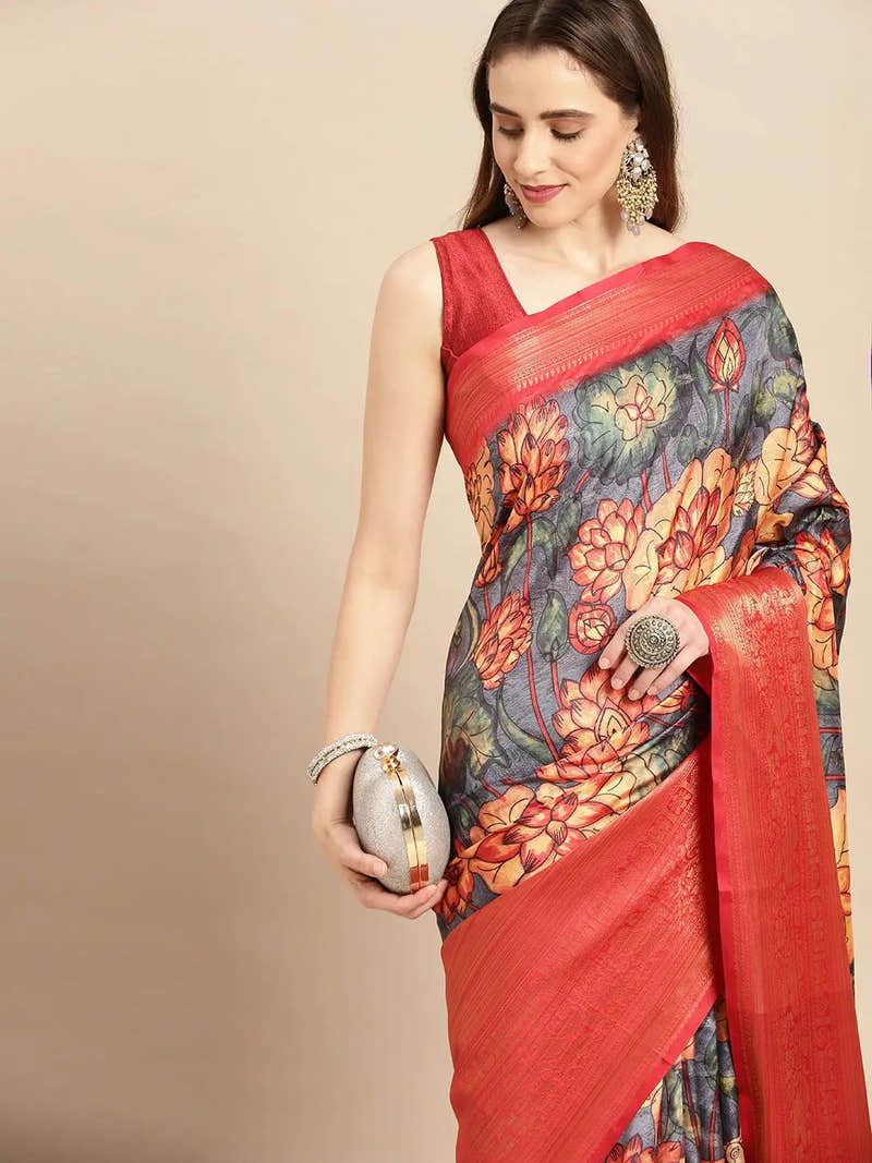 Charcoal Kalamkari Pattu Banarasi Saree