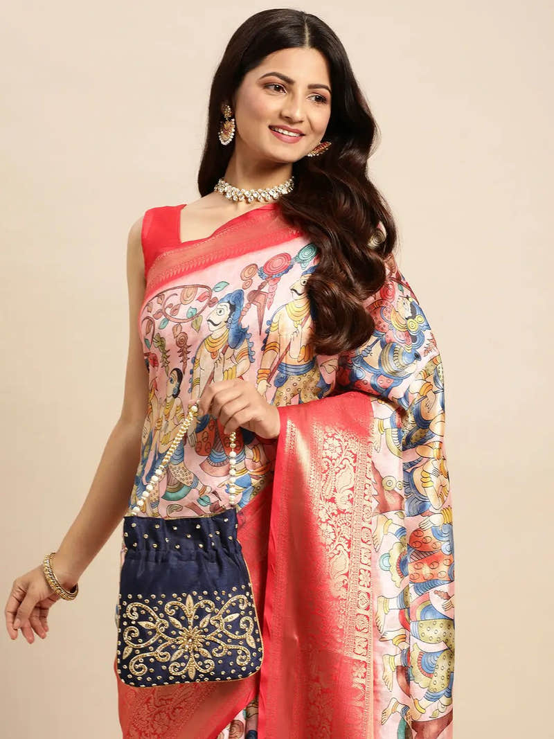 Ivory Bold Floral Kalamkari Banarasi Saree