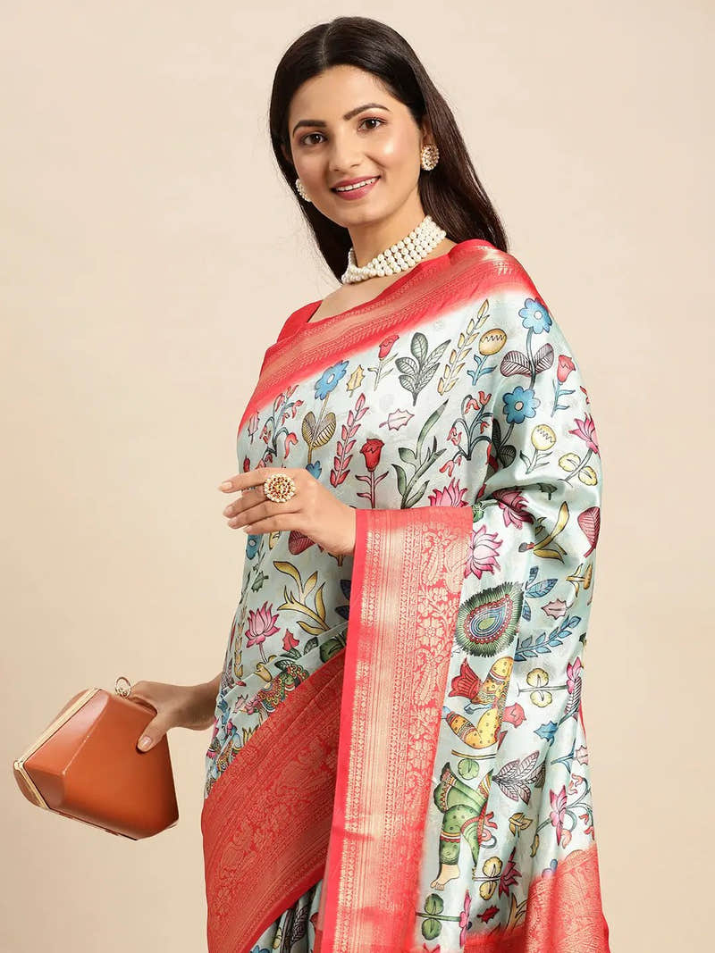 Pale Grey Kalamkari Pattu Banarasi Saree
