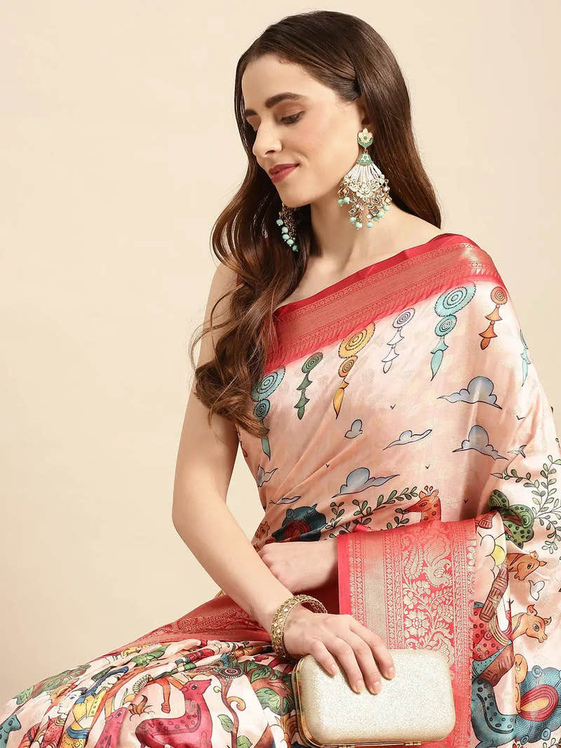 Blush Peach Kalamkari Banarasi Saree