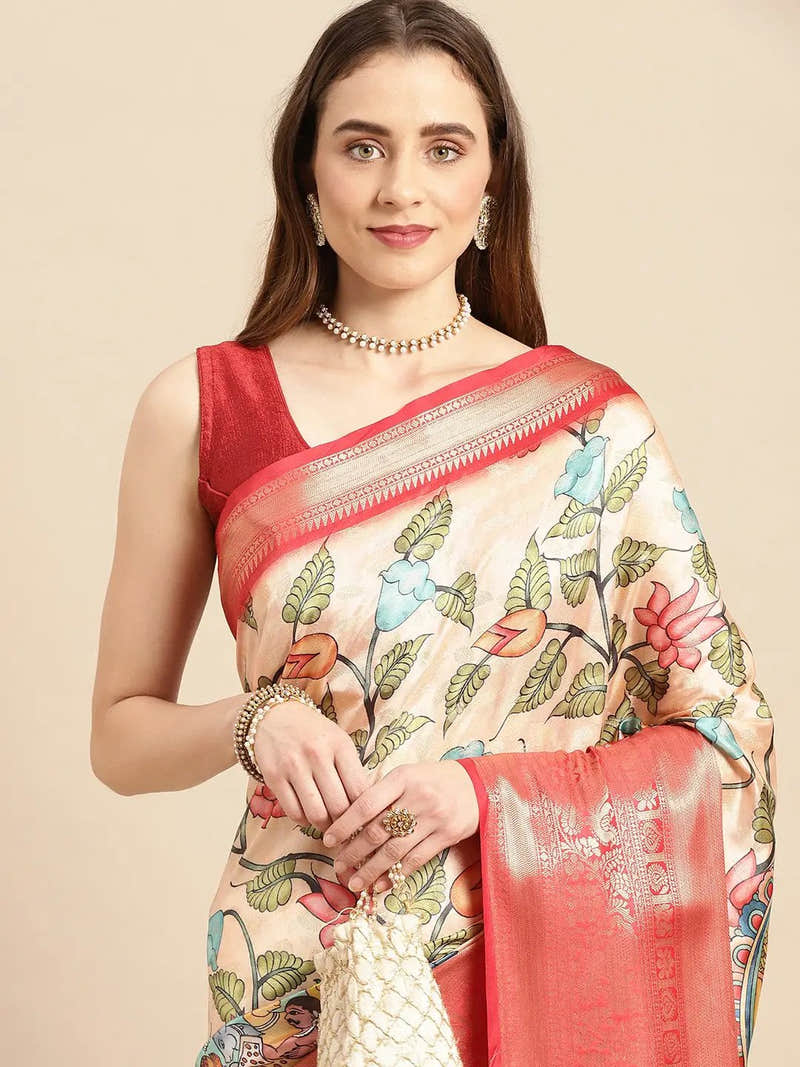 Ivory Fine Floral Kalamkari Banarasi Saree