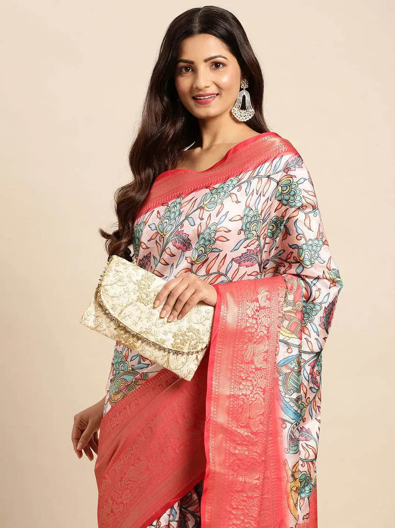 Ivory Teal Kalamkari Pattu Banarasi Saree