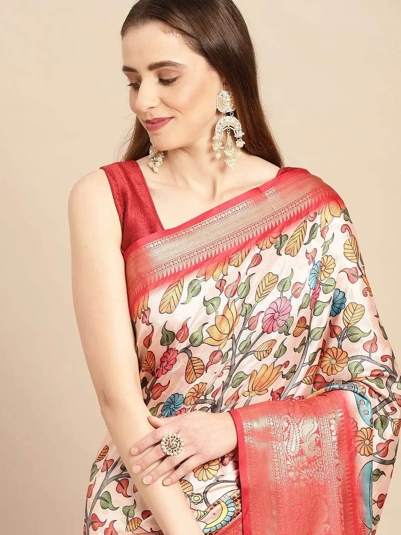 Cream Kalamkari Pattu Banarasi Silk Saree