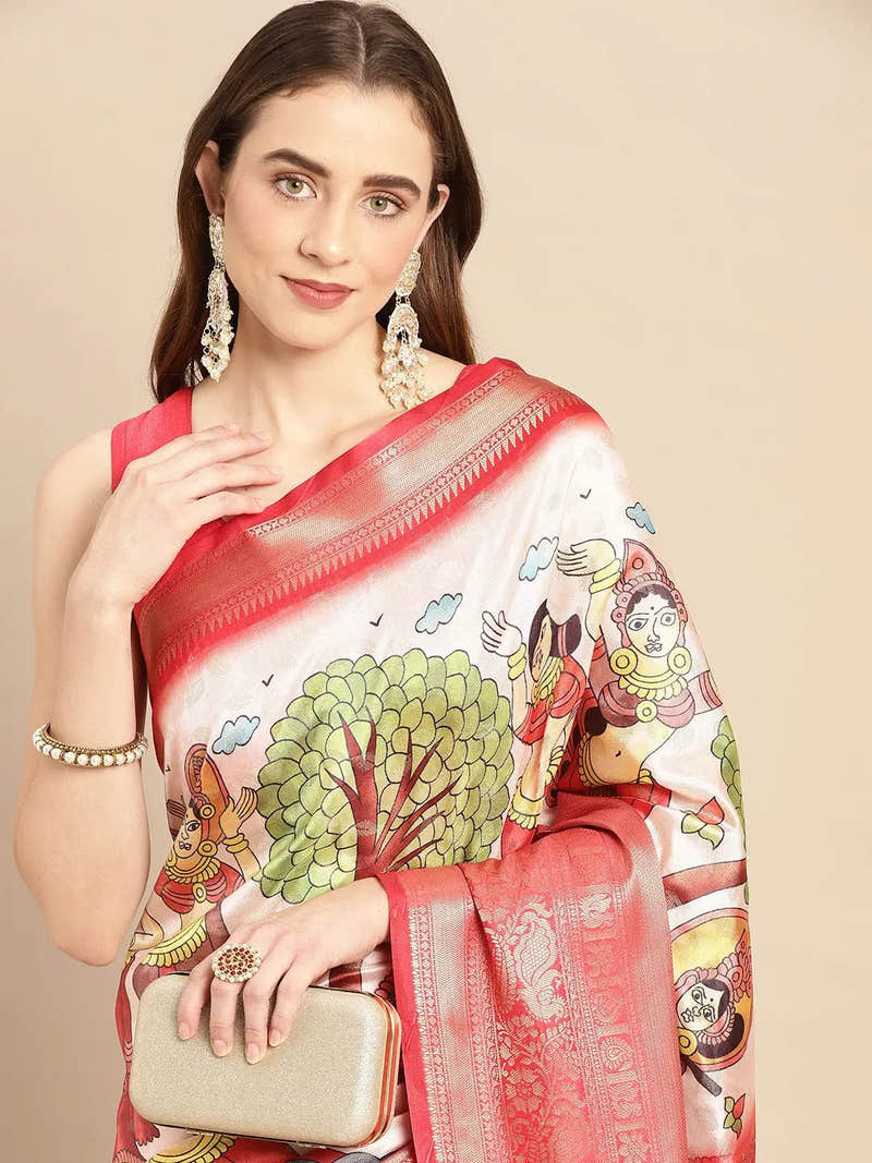 Ivory Tree of Life Kalamkari Banarasi Saree