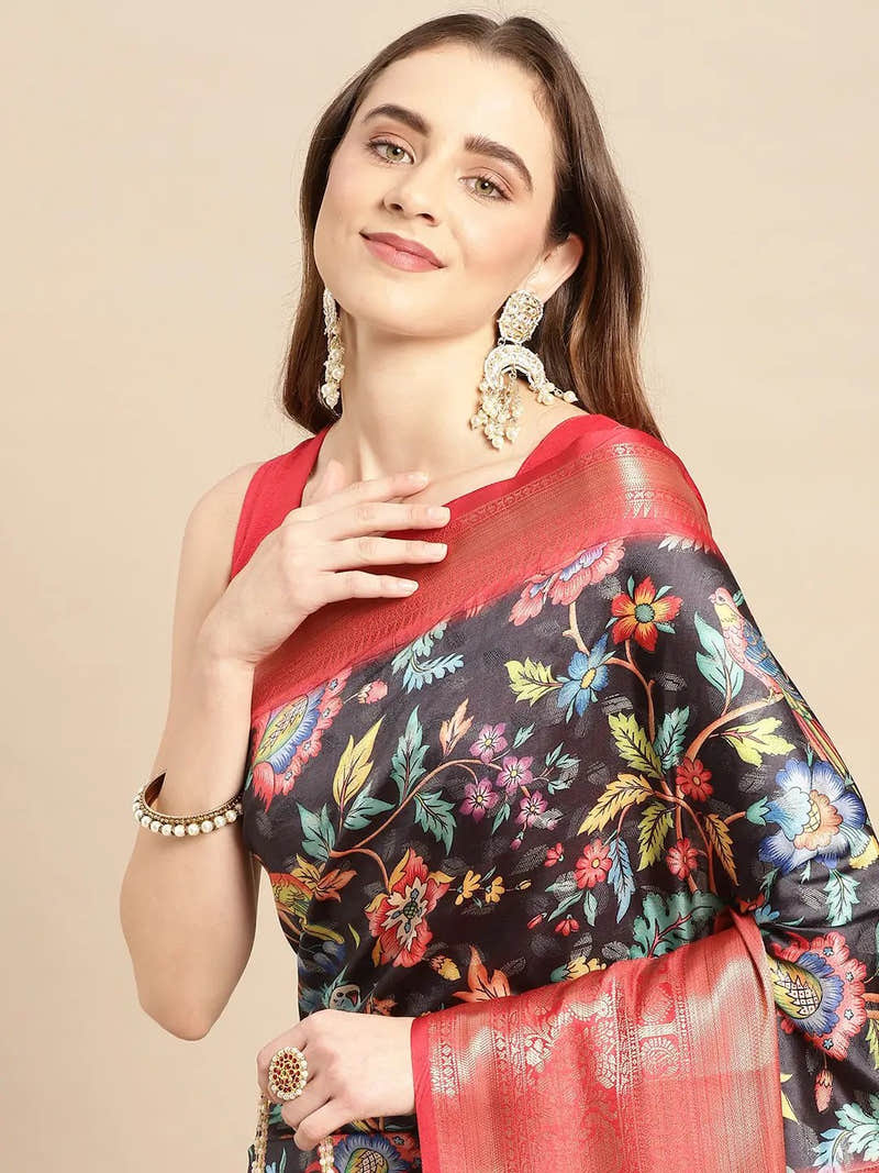 Black Multicolour Kalamkari Banarasi Saree
