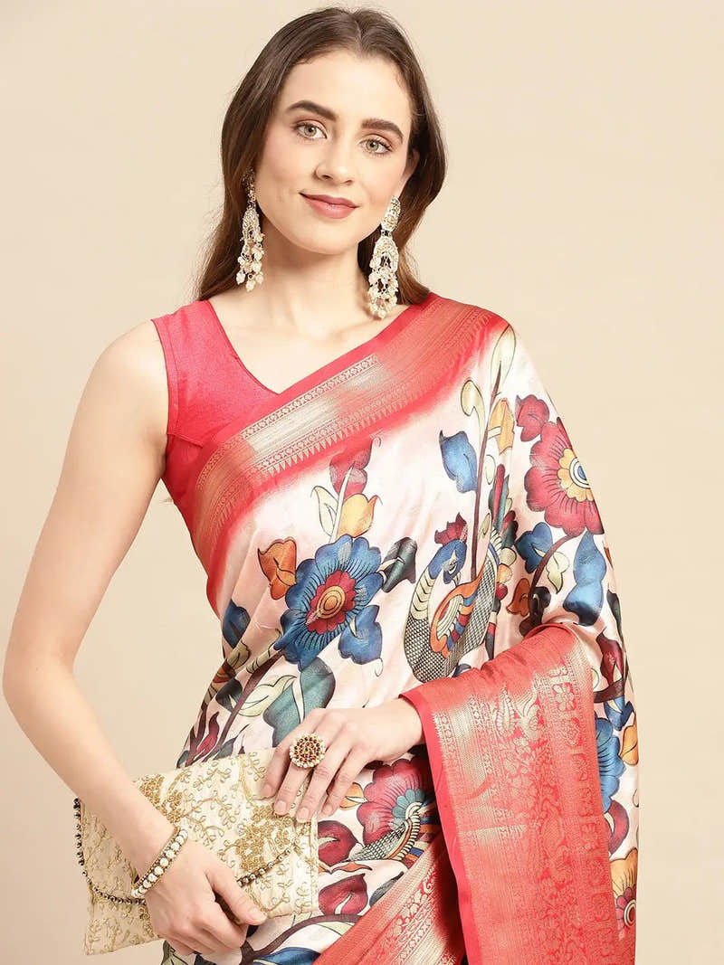 Ivory Multicolour Kalamkari Banarasi Saree