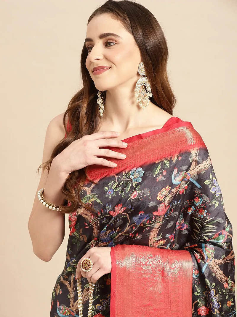 Black Kalamkari Pattu Banarasi Silk Saree