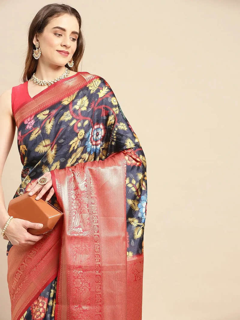 Black Floral Kalamkari Pattu Banarasi Saree