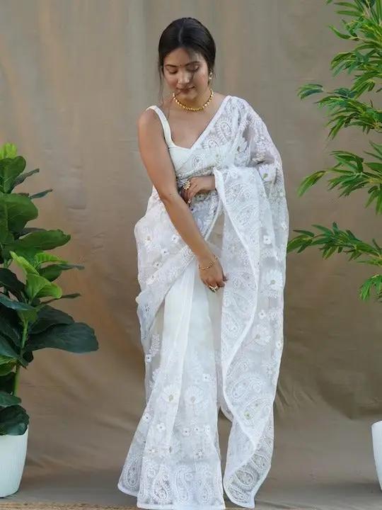  White Colour Chikankari Organza Woven Design Saree