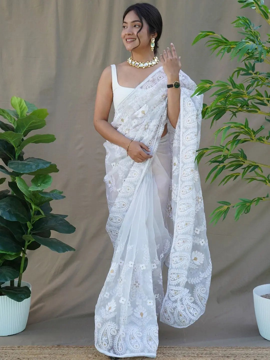  White Colour Chikankari Organza Woven Design Saree
