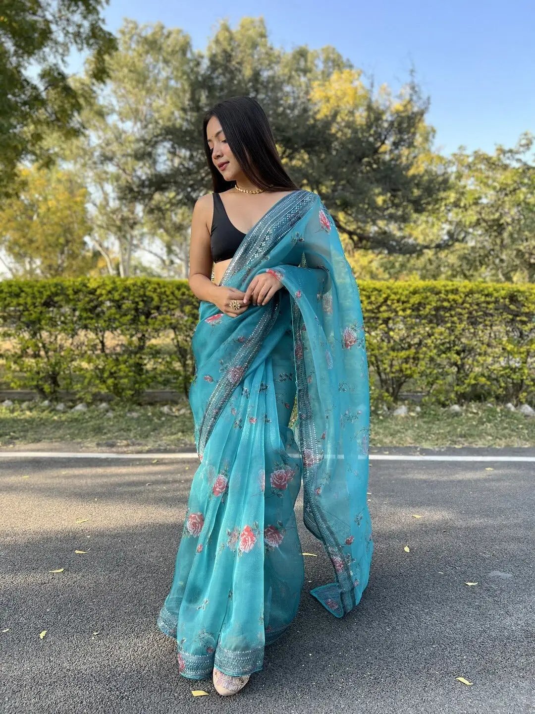 Blue Colour Floral Printed Saree With Sequenced Border