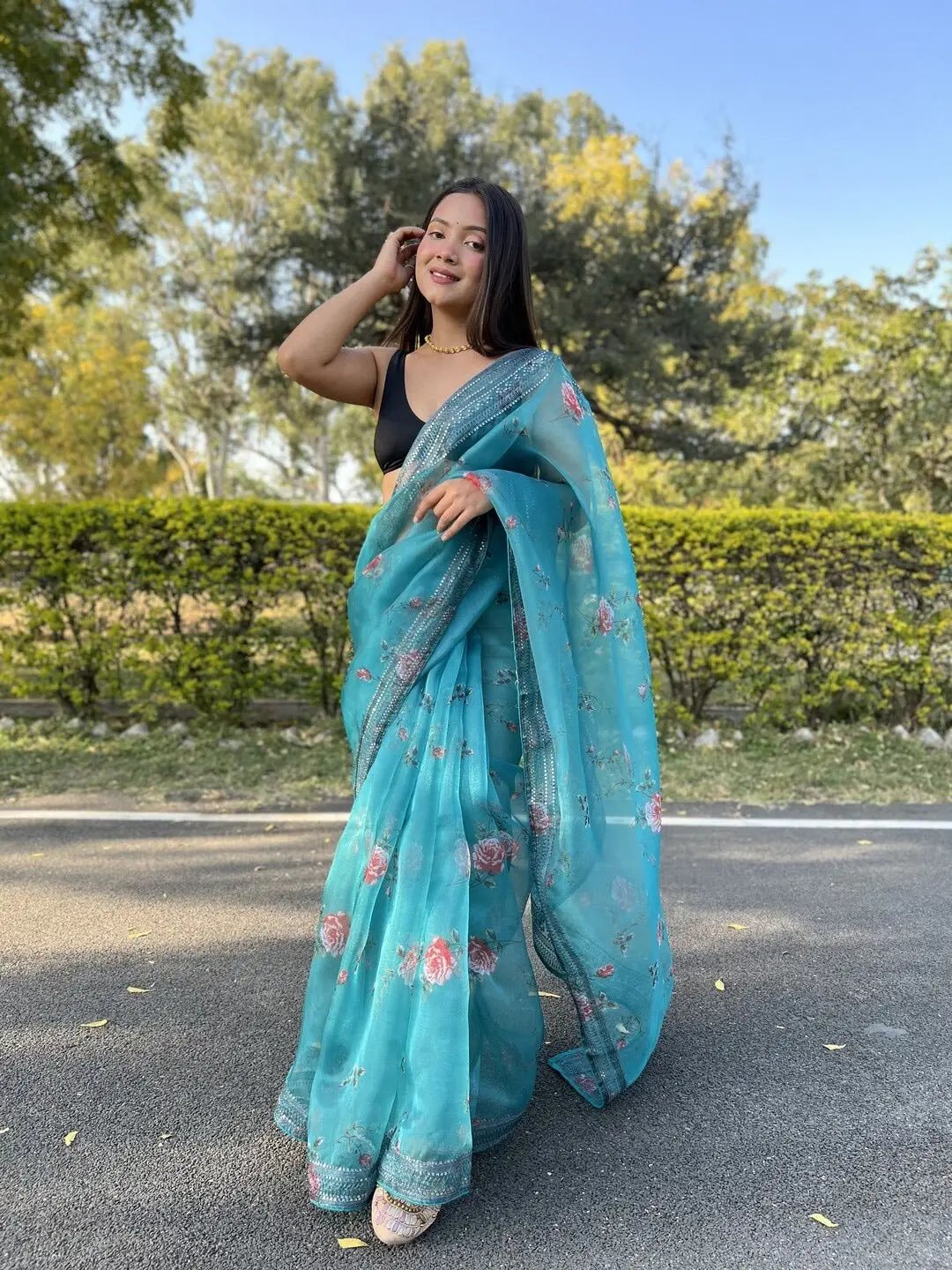 Blue Colour Floral Printed Saree With Sequenced Border