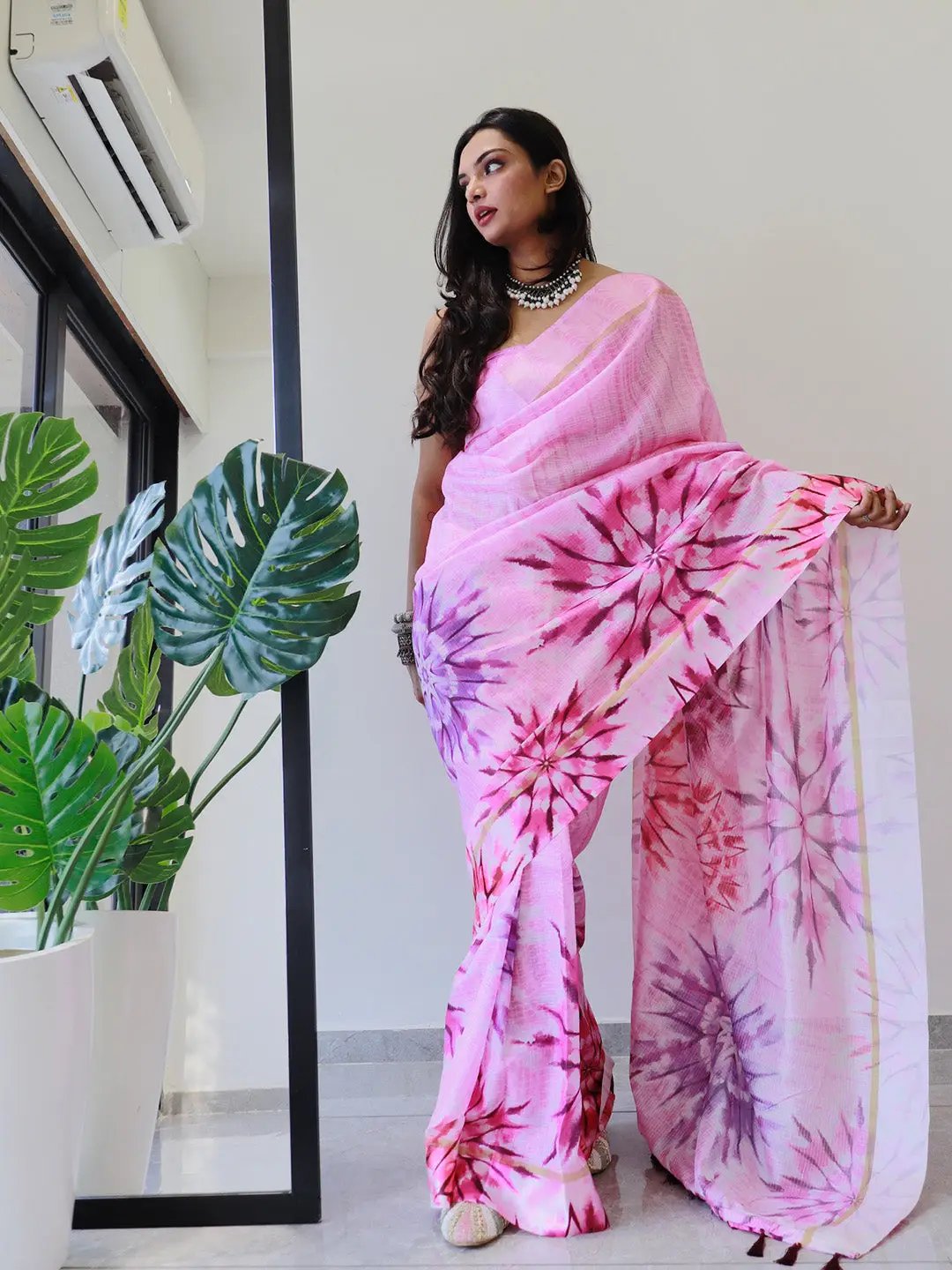 Designer pink tie dye saree in satin Kota Doriya fabric