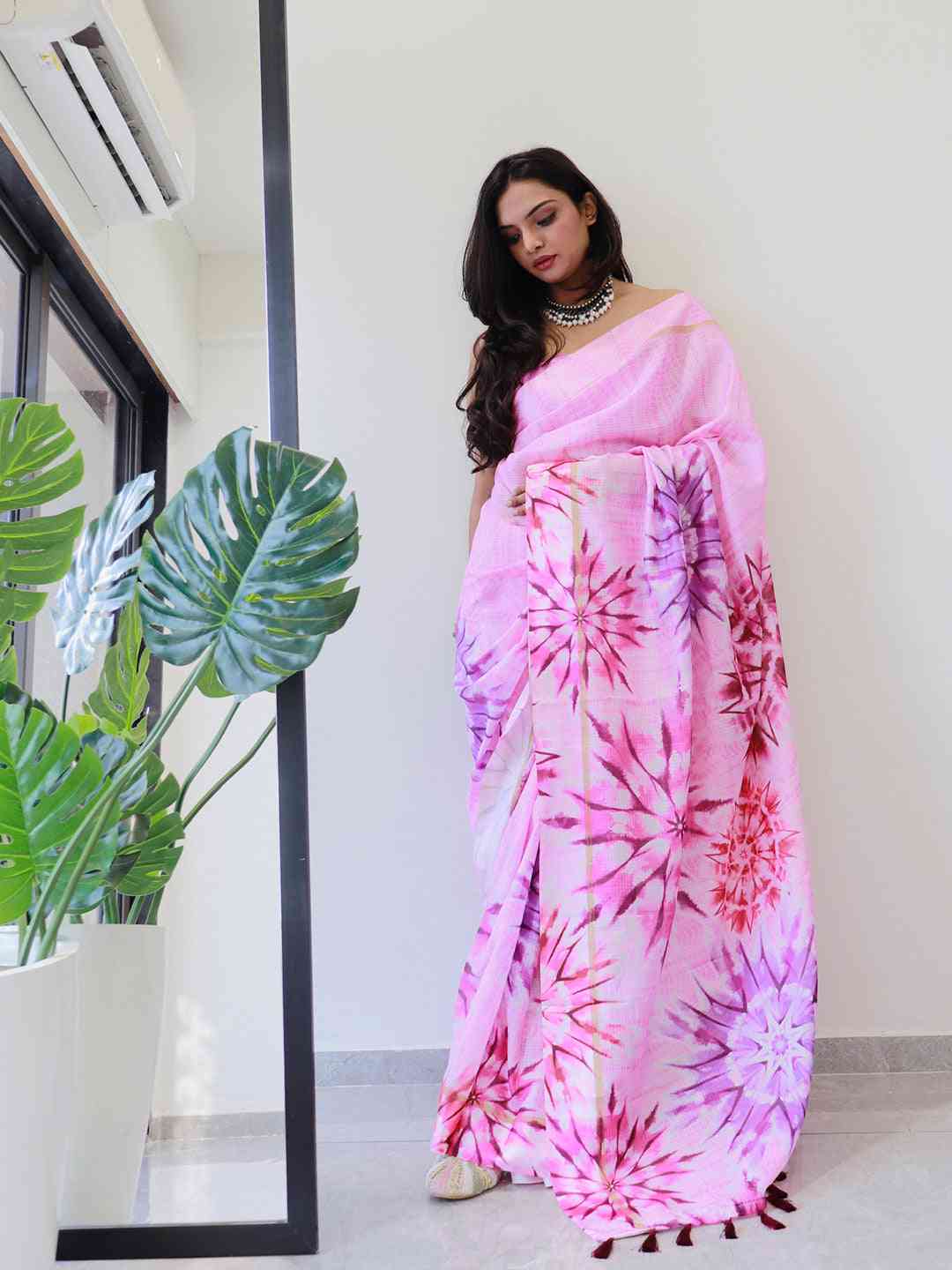 Party wear pink tie dye satin Kota Doriya saree