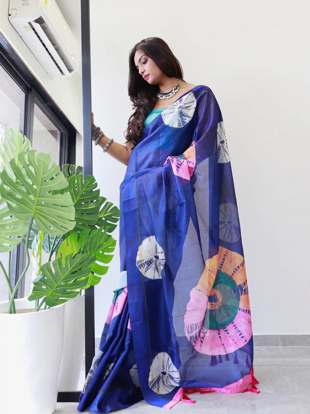 Elegant blue satin Kota Doriya saree with tie dye design