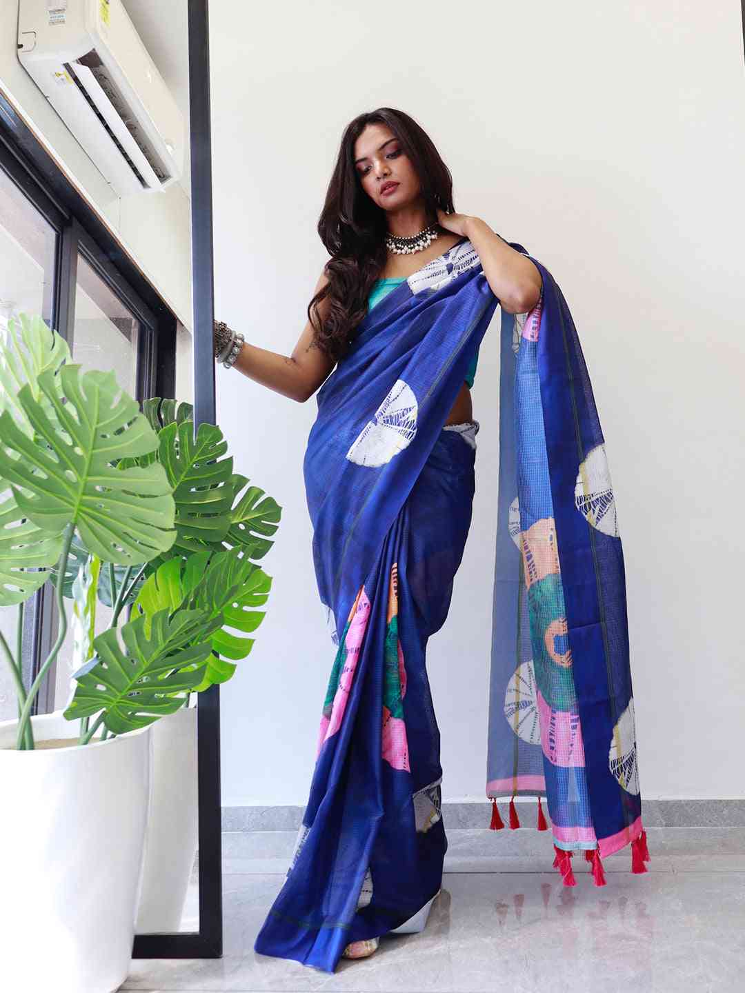 Stylish blue tie dye satin Kota Doriya saree