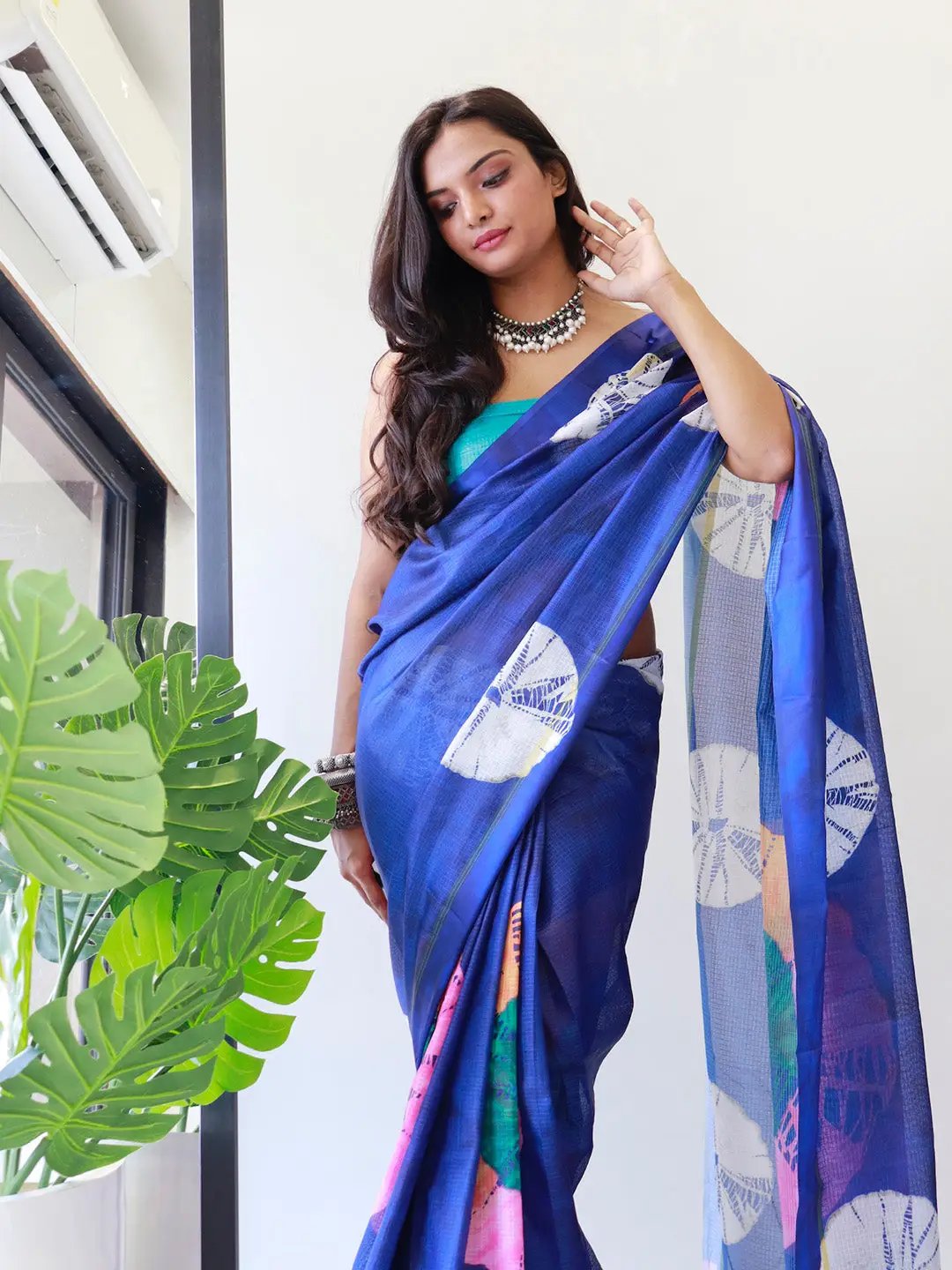 Fashionable blue digital printed satin Kota Doriya saree