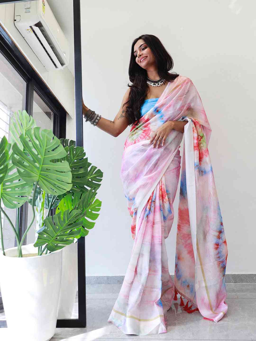 Designer tie dye satin Kota Doriya saree in vibrant colors
