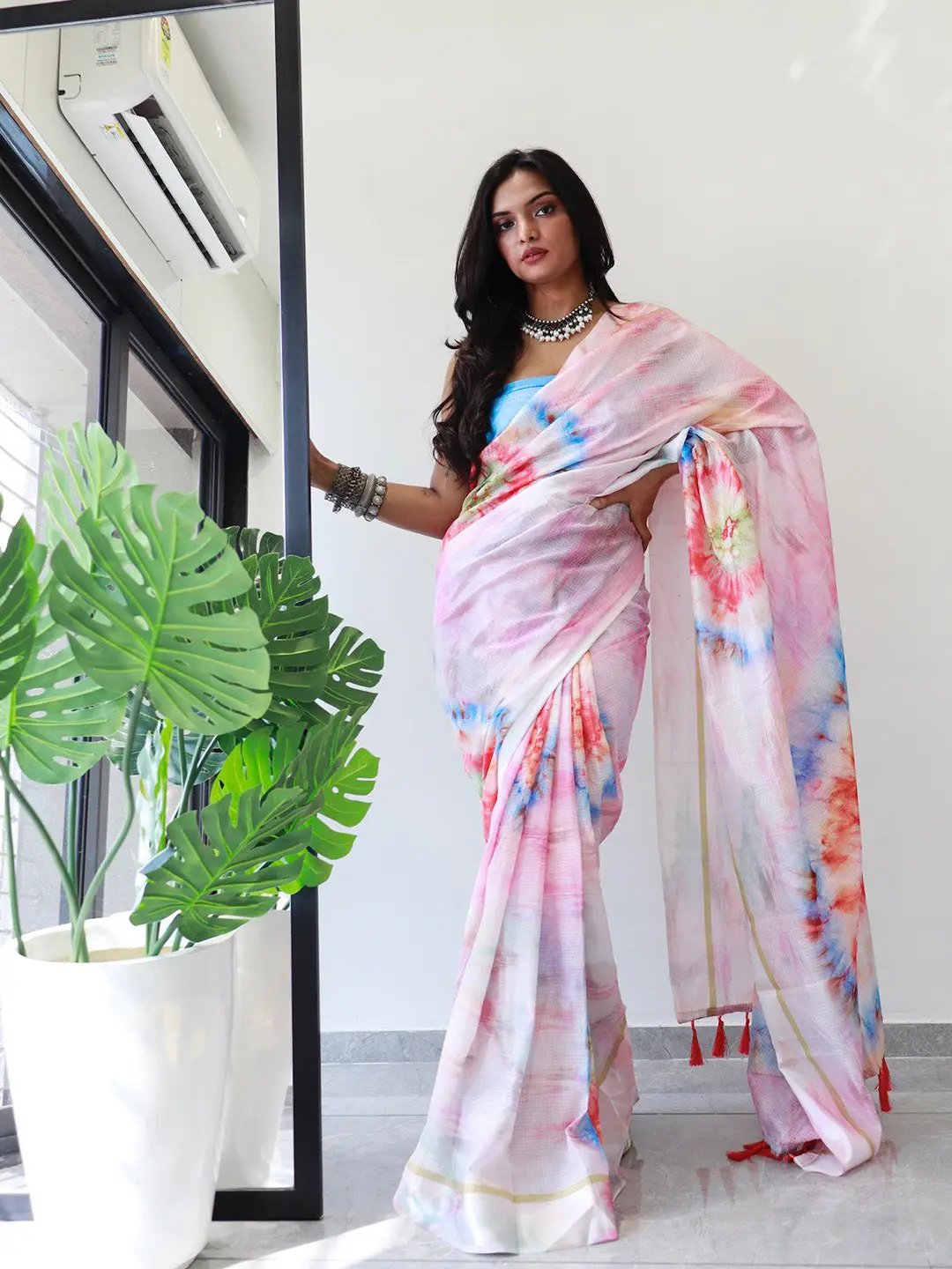 Stylish tie dye satin Kota Doriya saree with intricate design