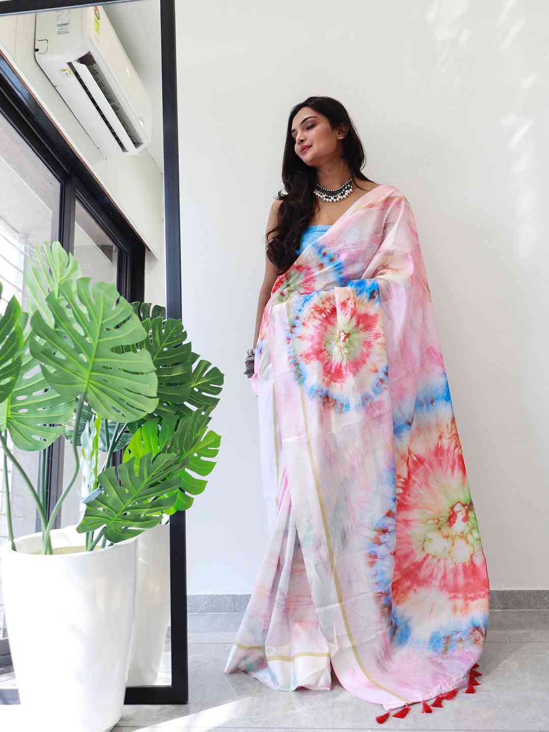 Tie Dye Digital Printed Satin Kota Doriya Saree